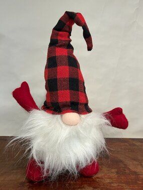 Christmas Holiday Gnome with black and red buffalo plaid cap and wispy white bea
